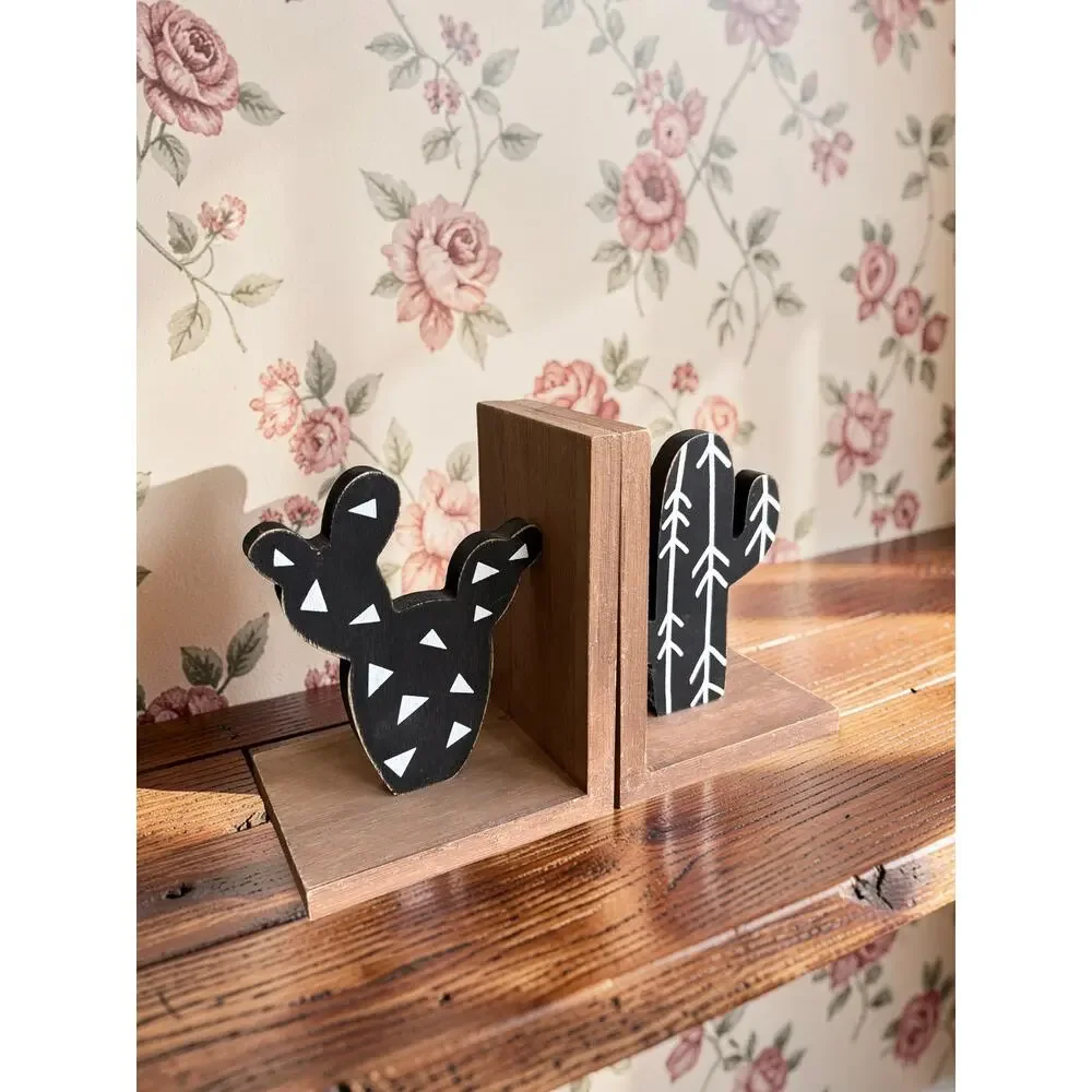 Wood Cactus Bookends Set of 2 Black White Southwestern Boho Desert Decor